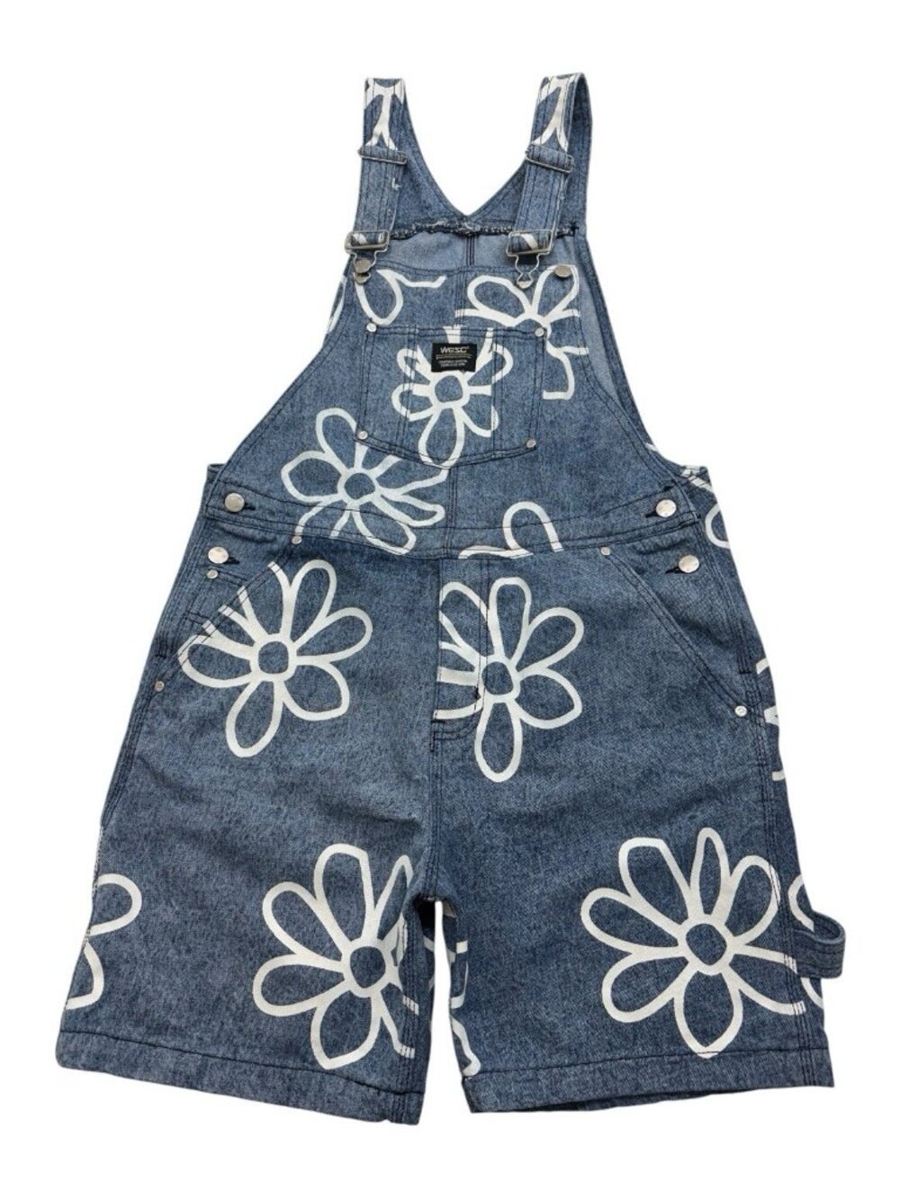 WeSC Sweden Bib Overalls Denim Shorts All Over Floral Daisy Print Size Medium